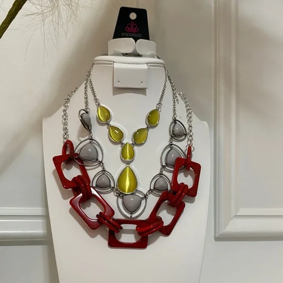 Three Paparazzi Bold Red, Yellow, and Silver Necklace & Earrings included - Picture 1 of 4